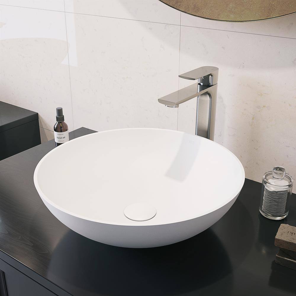 VIGO Lotus Modern White Matte Stone 16 in. L x 16 in. W x 5 in. H Round Vessel Bathroom Sink VG04015