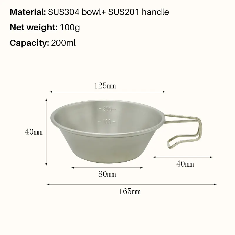 Lightweight Stainless Steel 304 Bowl 200ml 7oz with Handle Durable Syrah Bowl for Outdoor Camp Tableware Picnic Traveling