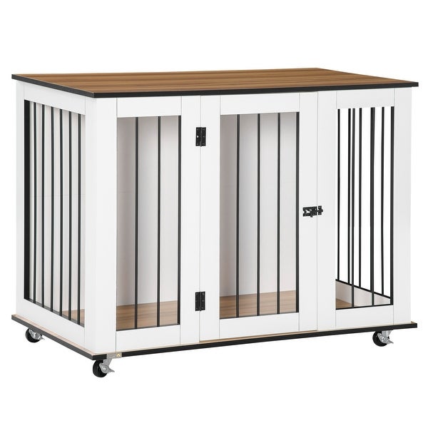 PawHut Modern Dog Crate End Table with Easy to Clean Surface， Large Dog Crate Furniture on Wheels， White