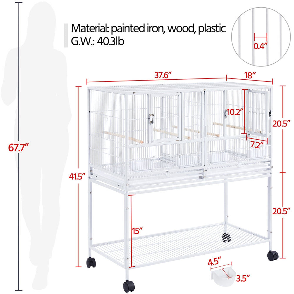 Yaheetech Stackable Wide Bird Cage Cockatiels Metal Bird Cage Divided Breeder Cage with Rolling Stand， White