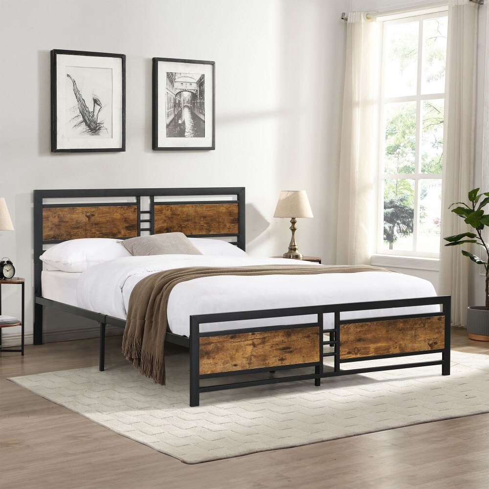 Metal Platform Bed Frame with Wood Headboard and Footboard