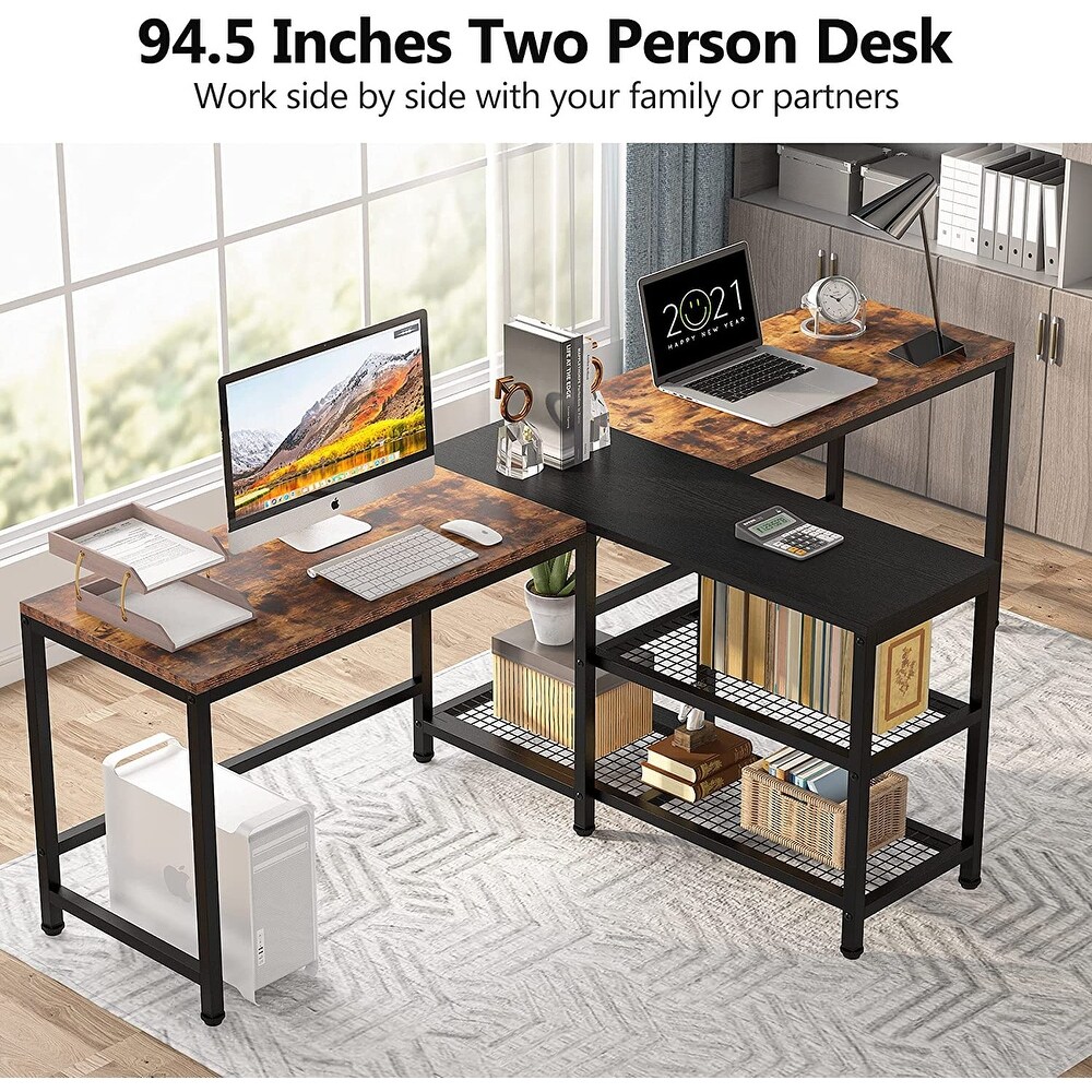 94.5 inch Double Computer Desk with Storage Shelves  Two Person Desk