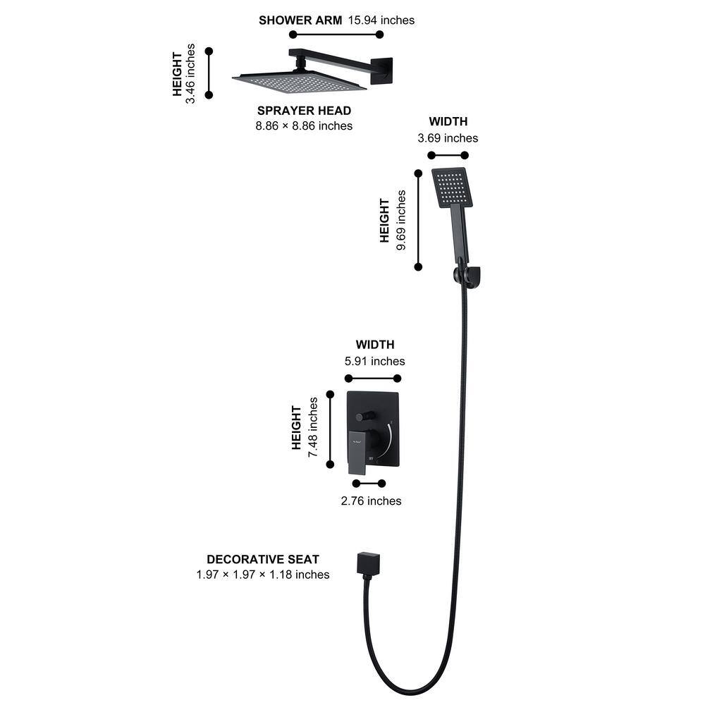 Pia Ricco 1-Spray Patterns 9 in. Wall Mount Square Dual Shower Heads High Pressure Shower Faucet in Matte Black (Valve Included) SHK-9101MB