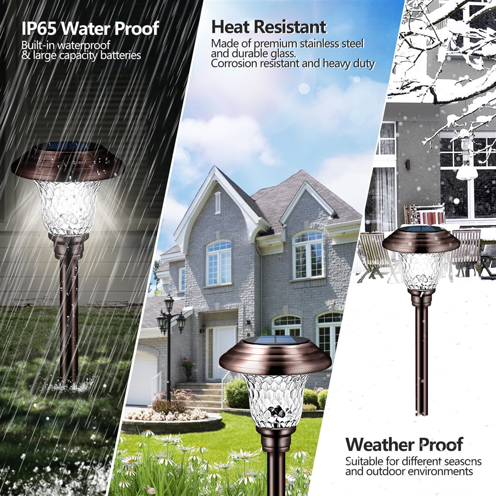 Solar Pathway Lights Outdoor， 4 Pack Decorative Solar Garden Lights Waterproof Glass Stainless Steel Auto-on/off Solar Landscape Lights for Lawn， Patio， Yard， Garden， Pathway， Driveway