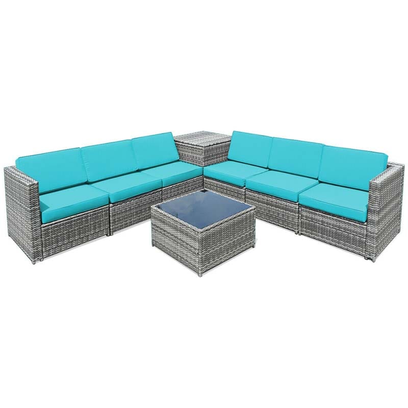 8 Pcs Rattan Patio Sectional Sofa Couch Set Outdoor Wicker Furniture Set with Storage Table & Cushions