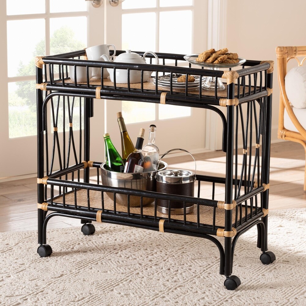 Dalinda Modern Bohemian Two Tone Black and Natural Brown Rattan 2 Tier Kitchen Cart