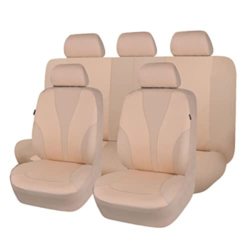 Flying Banner 9 PCS Car Seat Covers Full Cover | Universal fit Most Car，Truck，SUV and Van | Hot Stamp Breathable Composite Sponge and Airbag Compatible | Polyester Fabric Beige 039-Style