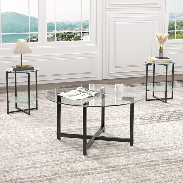 3 Piece Coffee Table Set， Includes 1 Round Coffee Table and 2 Small End Table Sofa Side Table， Living Room Table Set Table Set