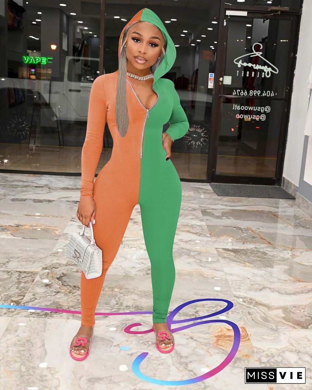 Sexy Colorblock Sweatshirt Long Sleeve Hooded Jumpsuit