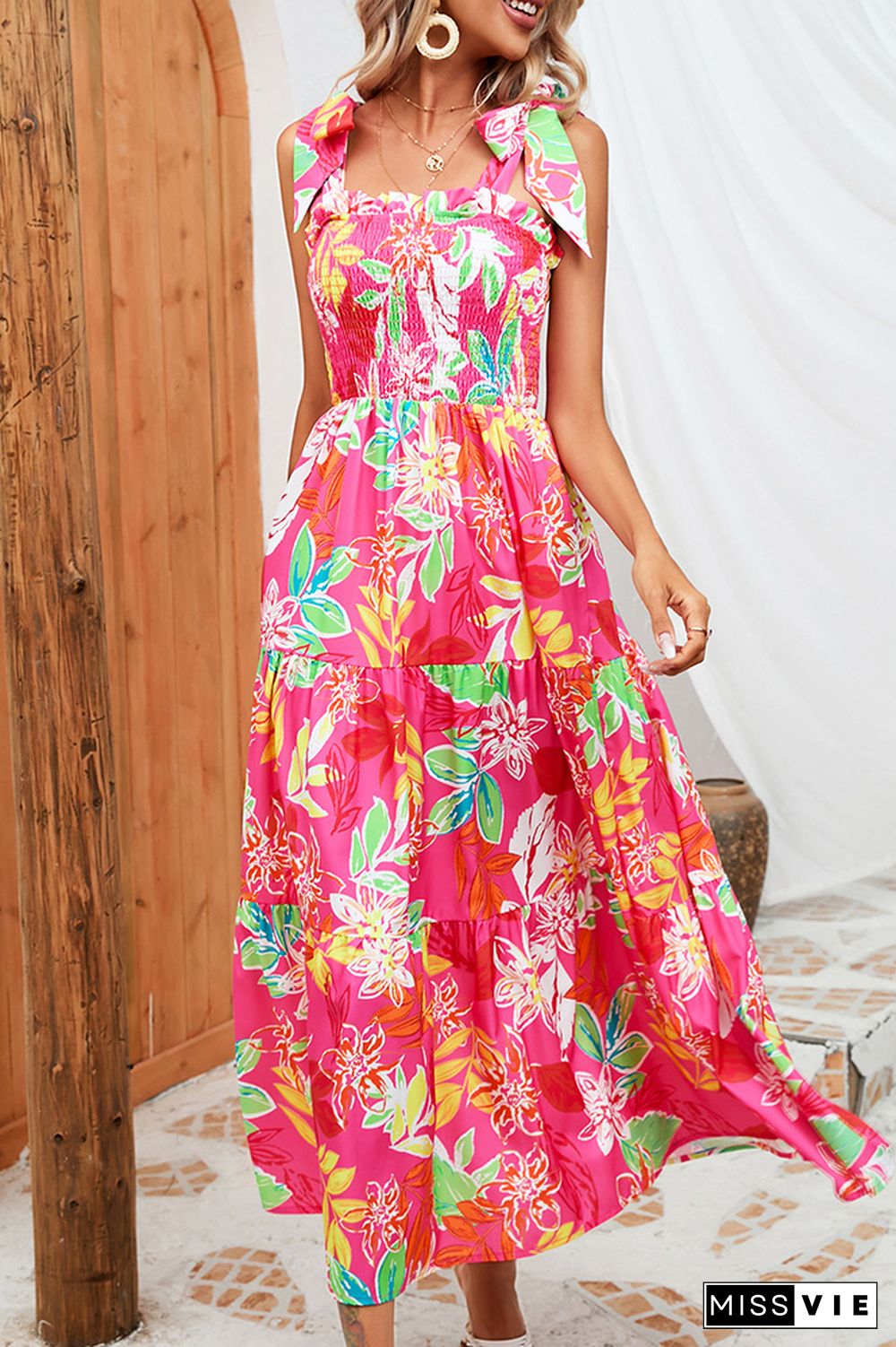 Smocked Tie Strap Tiered Floral Maxi Dress