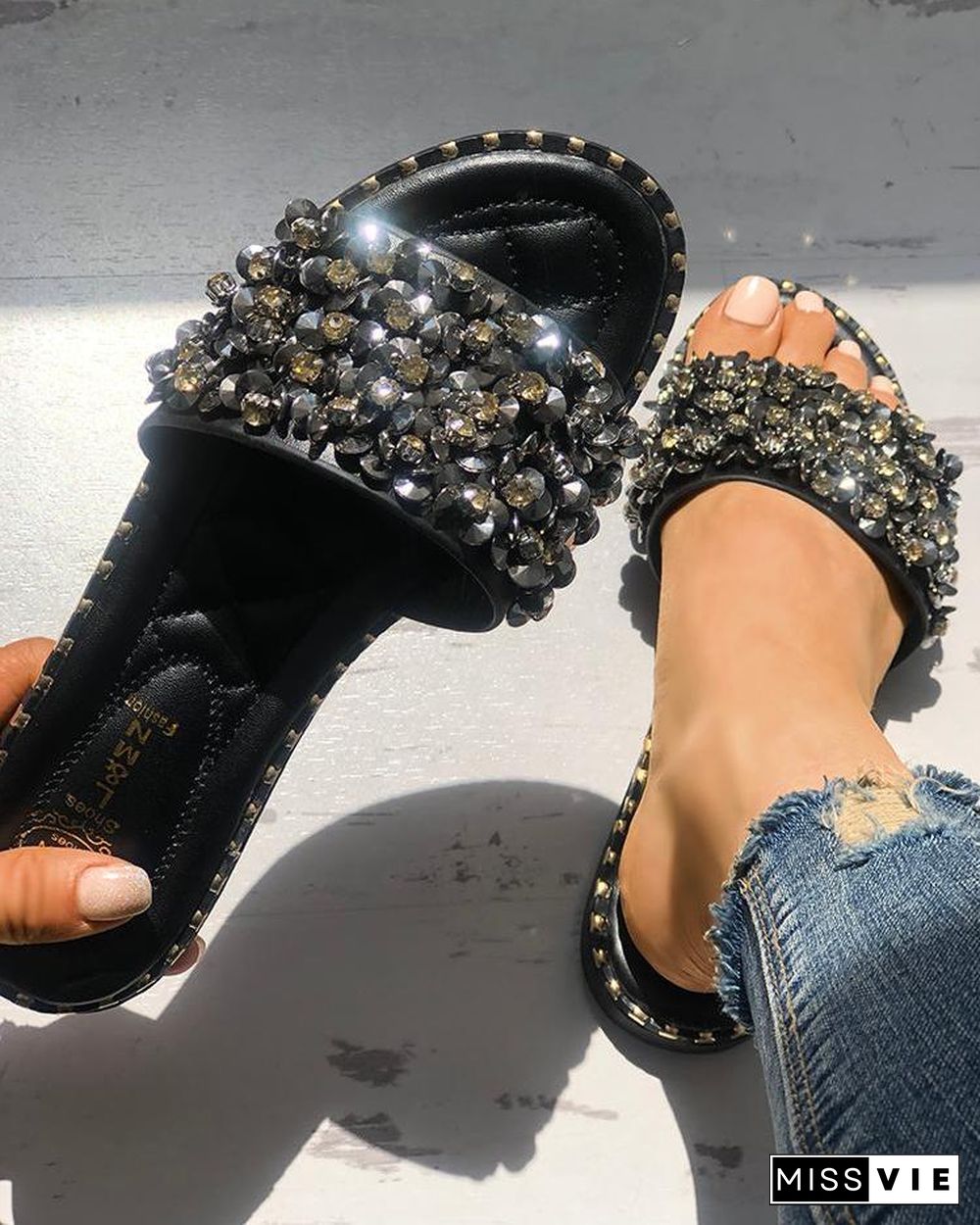 Rhinestone Decor Quilted Open Toe Slippers