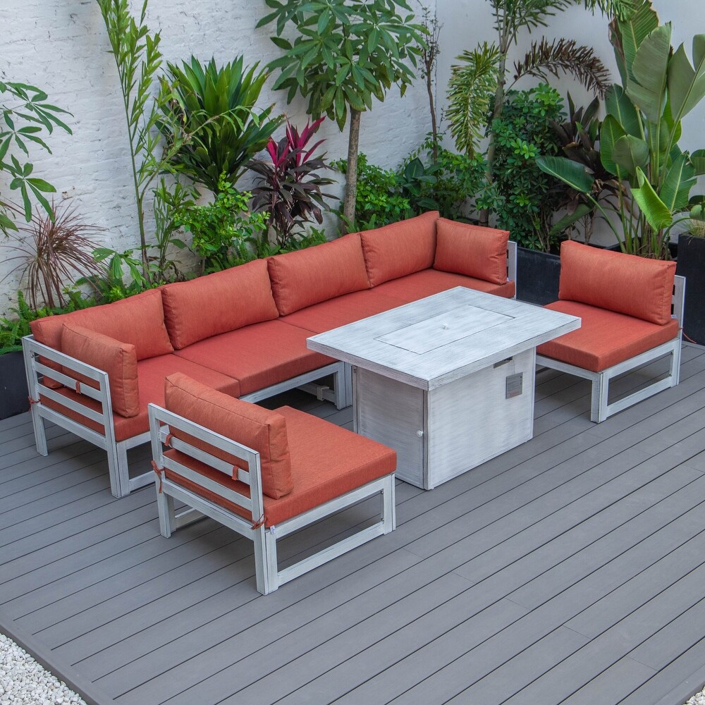 LeisureMod Chelsea 7 Piece Grey Patio Sectional With Fire Pit Table