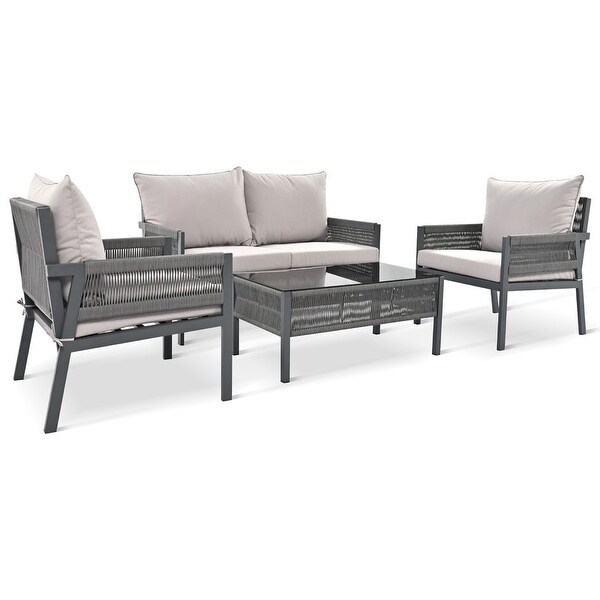 4Piece Patio Conversation Set with Tempered Glass Table，Outdoor Loveseat Chair Set with Thick Cushion for Backyard，Grey