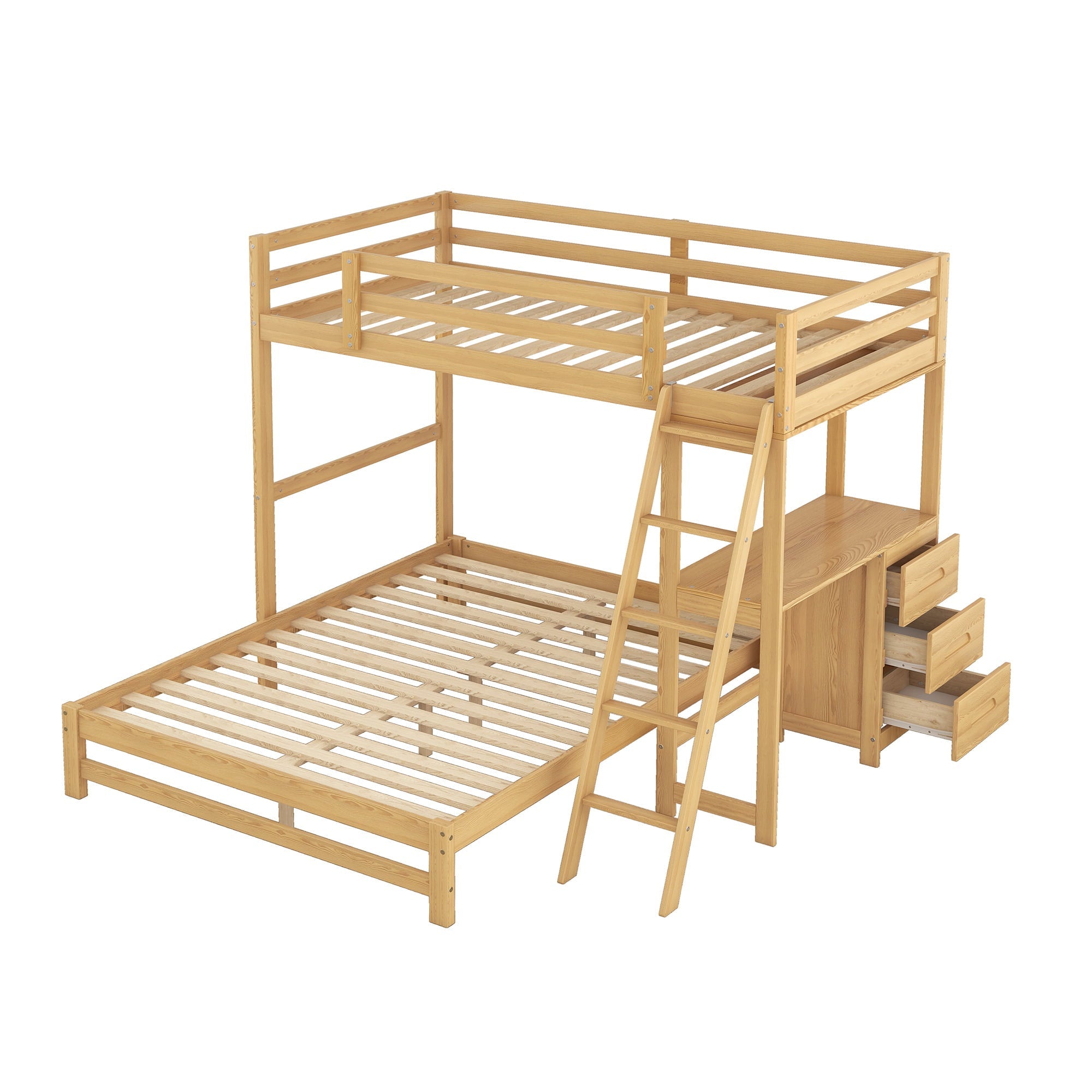 EUROCO Twin over Full Bunk Bed with Desk and Drawers for Kids, Natural