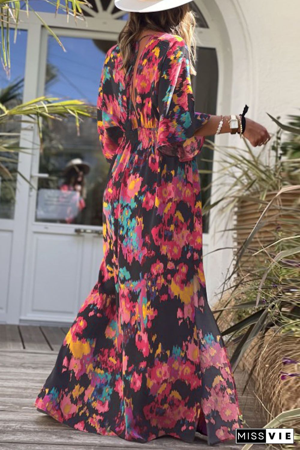 Multicolor Abstract Print V Neck Dolman High Waist Maxi Dress