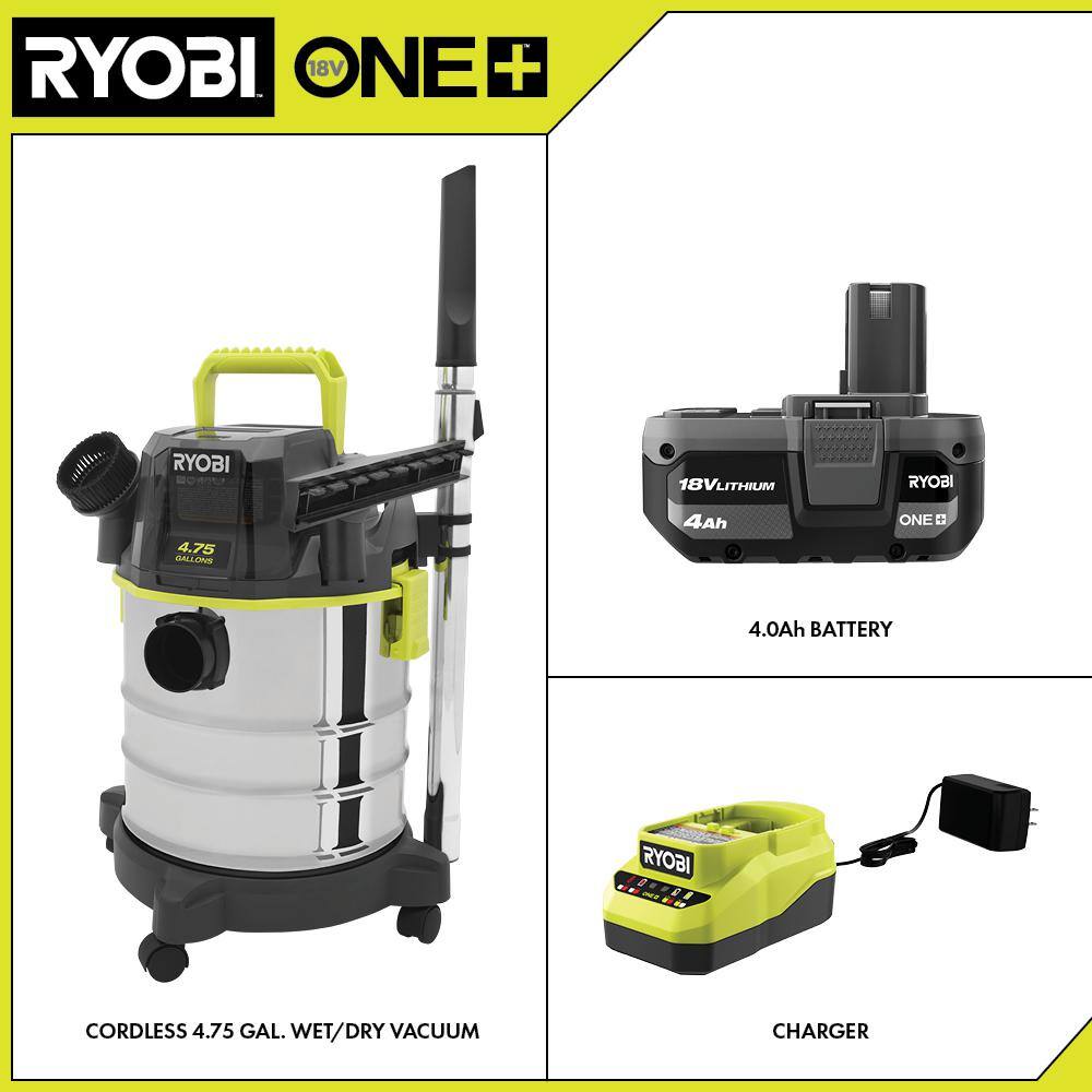 RYOBI ONE+ 18V Cordless 4.75 Gal. WetDry Vacuum Kit with 4.0 Ah Battery and Charger PWV201KN