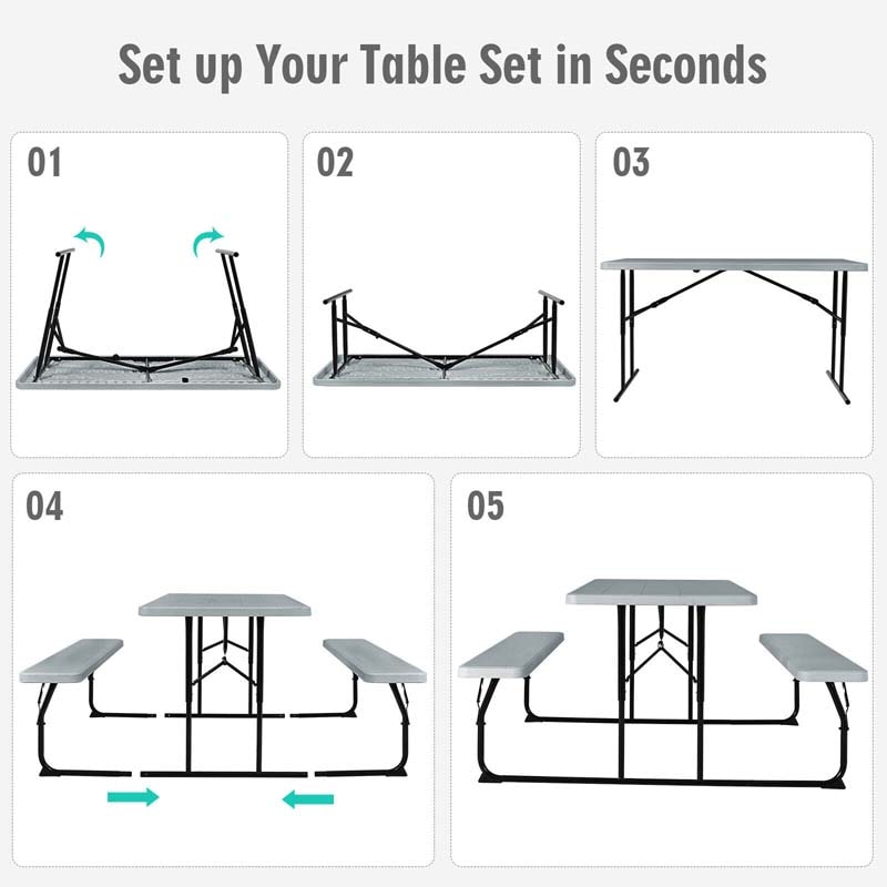 4-Person Folding Picnic Table Bench Set with Wood-like Texture & Metal Frame, Portable Outdoor Camping Dining Table Set