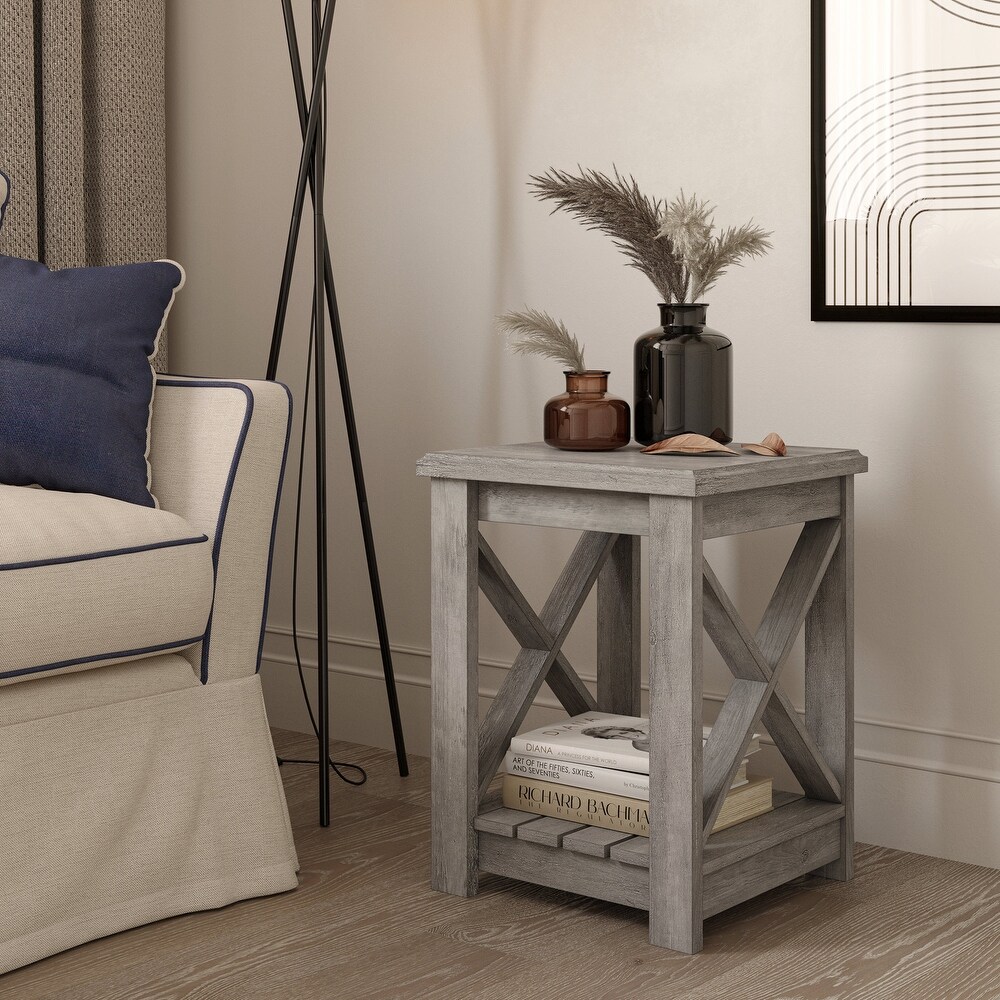 BELLEZE Set of 2 Veropeso End Table with Storage Shelf  Gray Wash   Gray Wash