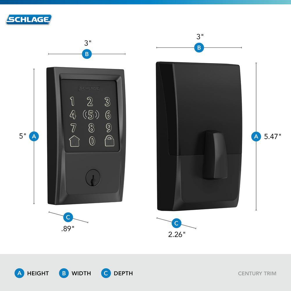 Schlage Century Matte Black Electronic Encode Plus Smart WiFi Deadbolt with Alarm BE499WB V CEN 622