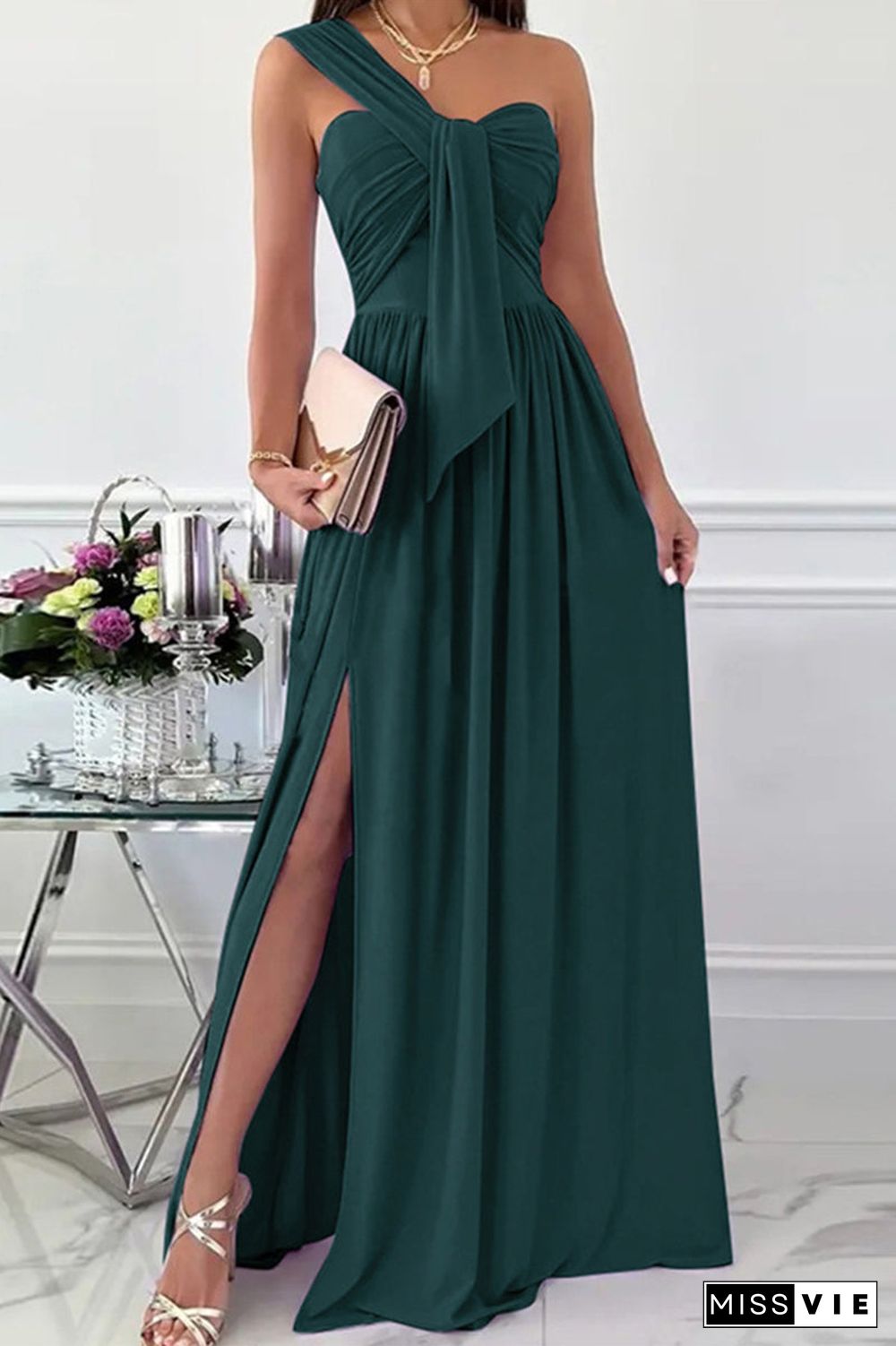 Elegant Formal Solid Asymmetrical Solid Color One Shoulder Irregular Dress Dresses(7 Colors)