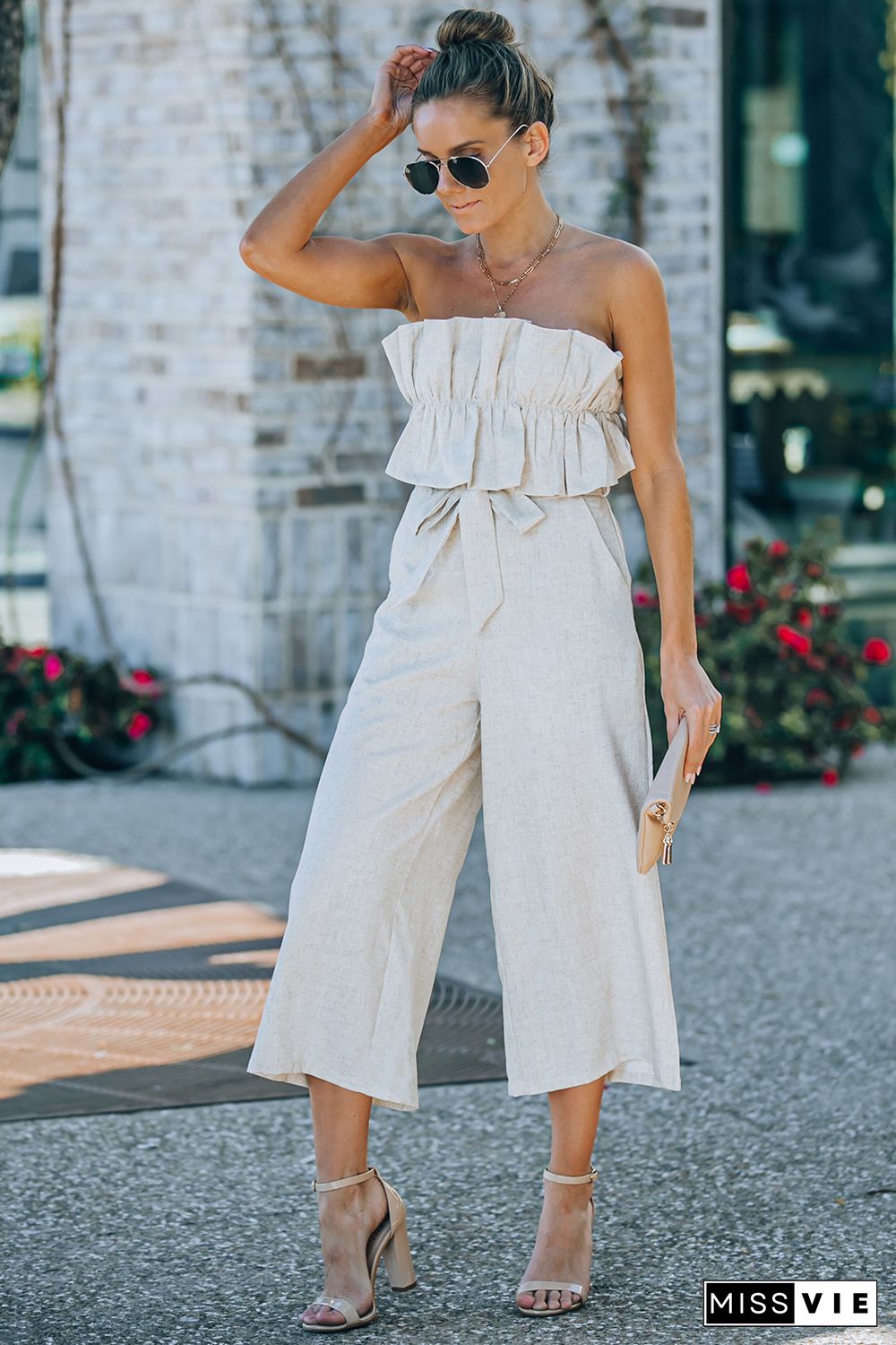 Beige Ruffled Strapless Wide Leg Jumpsuit