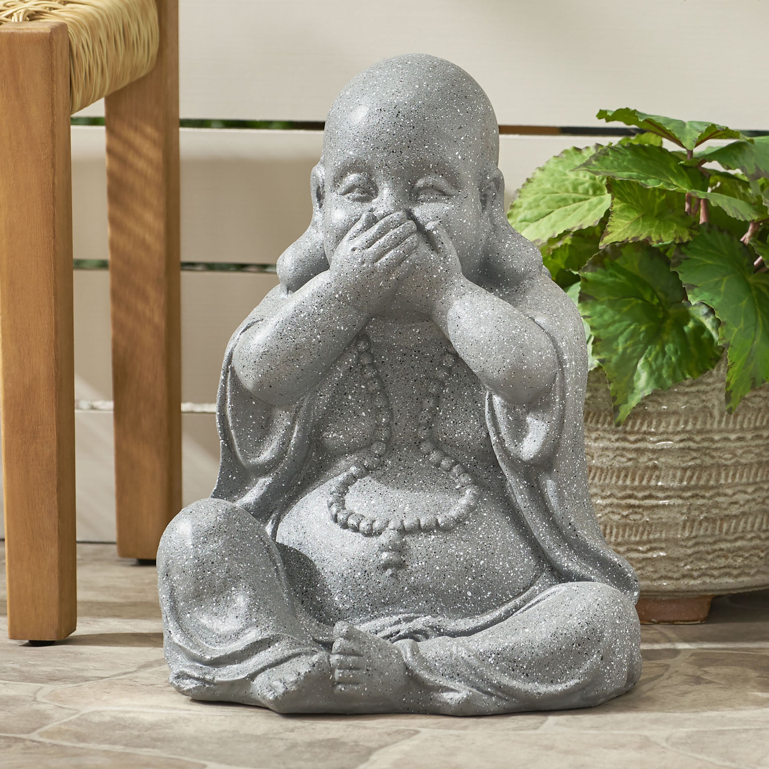 Conneaut Outdoor Speak No Evil Monk Garden Statue, Stone Gray