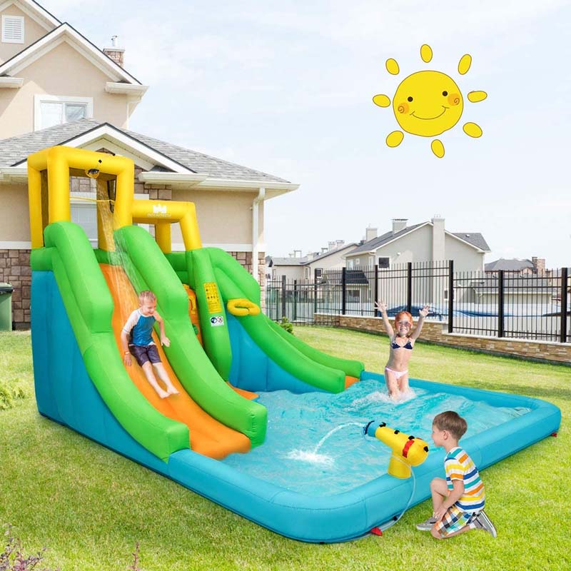 6-in-1 Dual Water Slide Kids Inflatable Bounce House Giant Water Park with Climbing Wall, Splash Pool, Water Cannon