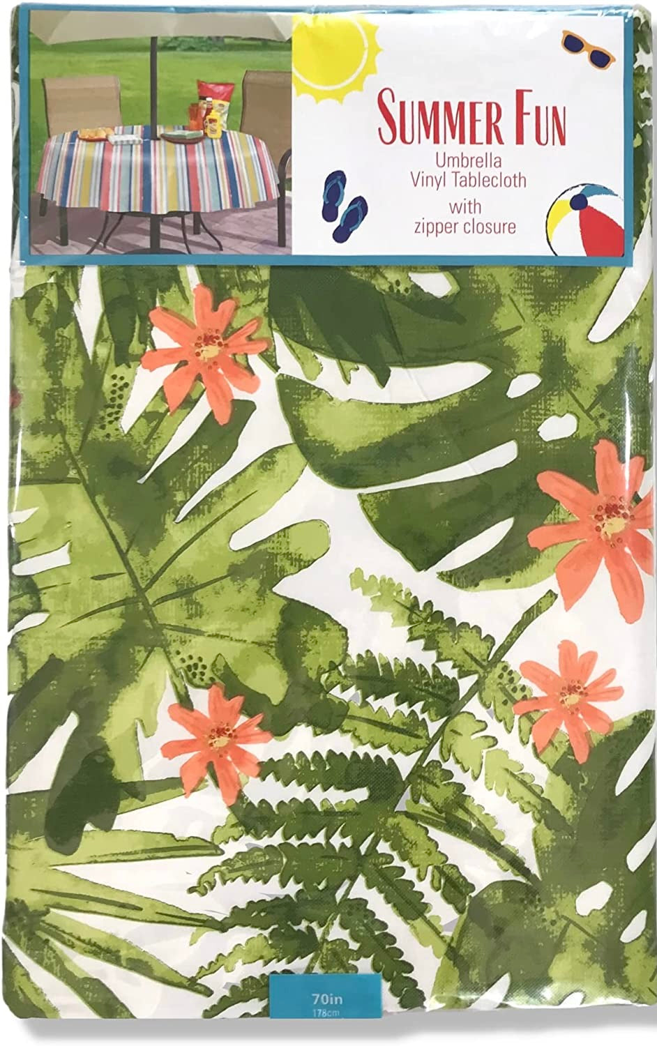 Elrene Summer Vinyl Tablecloths: Umbrella Hole with Zipper 60" x 84", Tropical Paradise Palms and Flowers