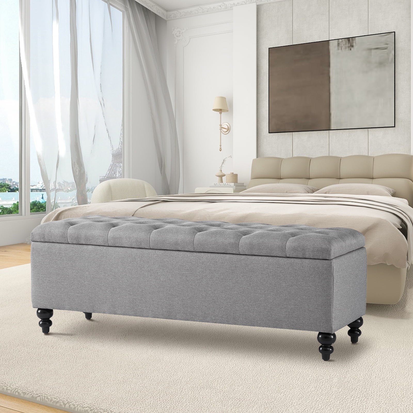 GERICCO 50.2 Inches Ottoman with Storage,Storage Ottoman Bench with Button-Tufted, Bedroom Bench Safety Hinge Ottoman in Upholstered Fabrics, Large Storage Bench for Bedroom, Living Room(Gray)