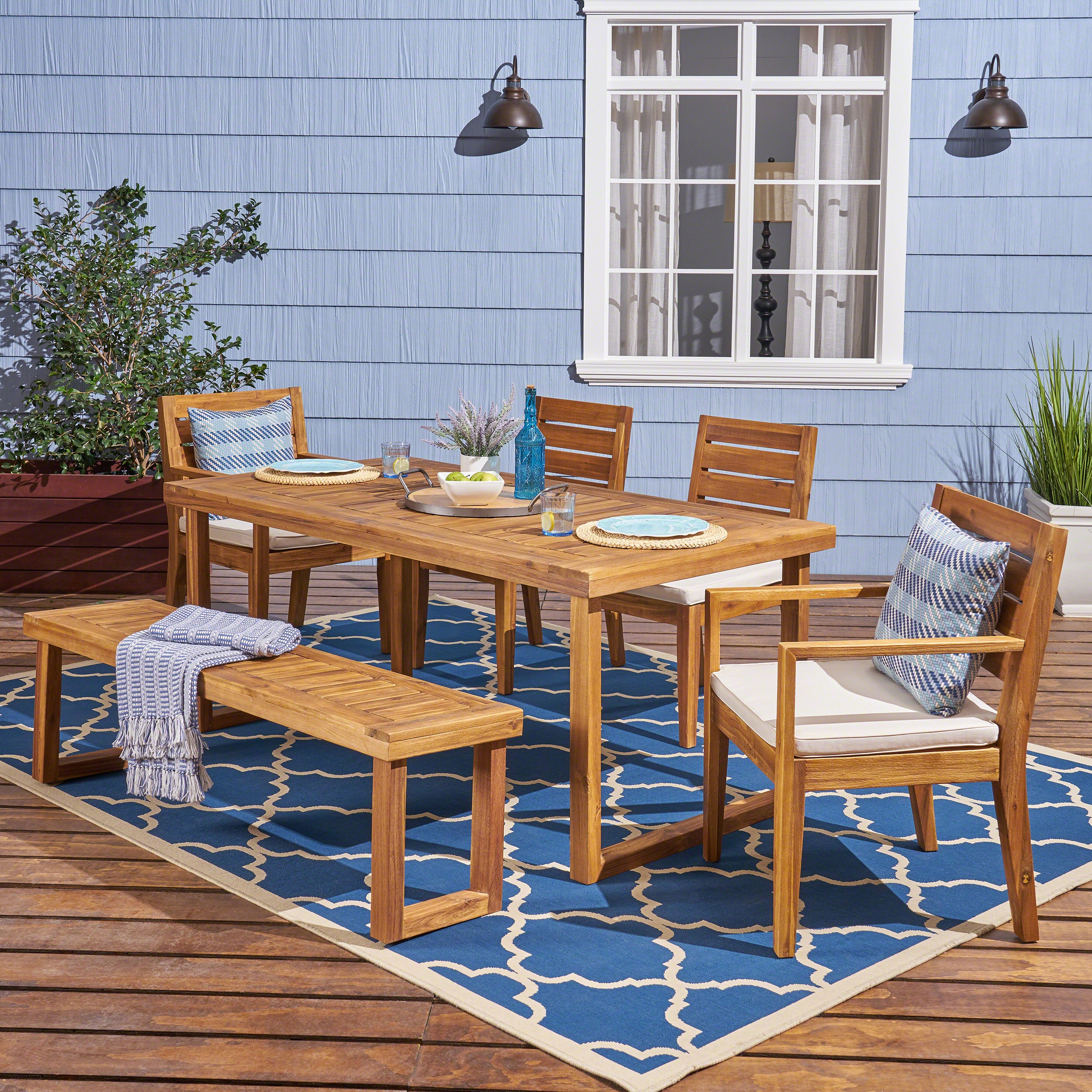 Eric Outdoor 6-Seater Acacia Wood Dining Set with Bench