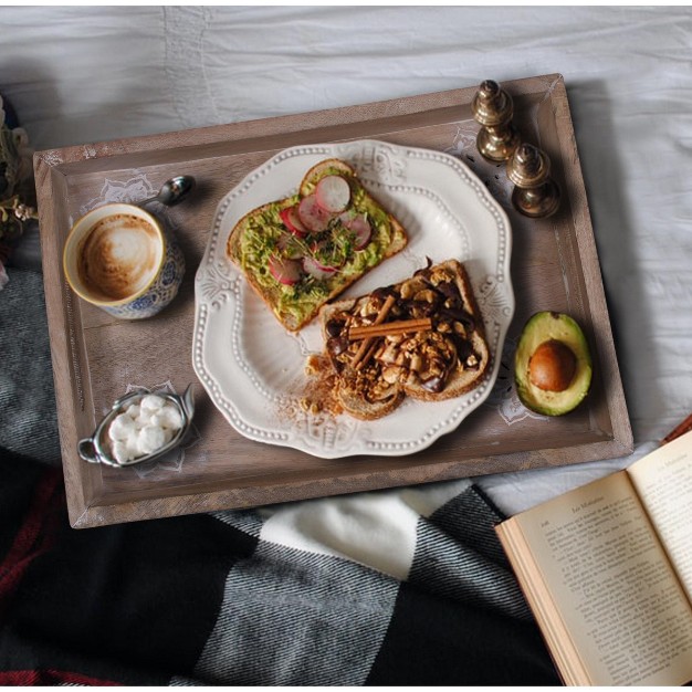 Mela Artisans Rustic Wooden Serving Tray With Handles Decorative Mango Wood Serving Tray In White Finish