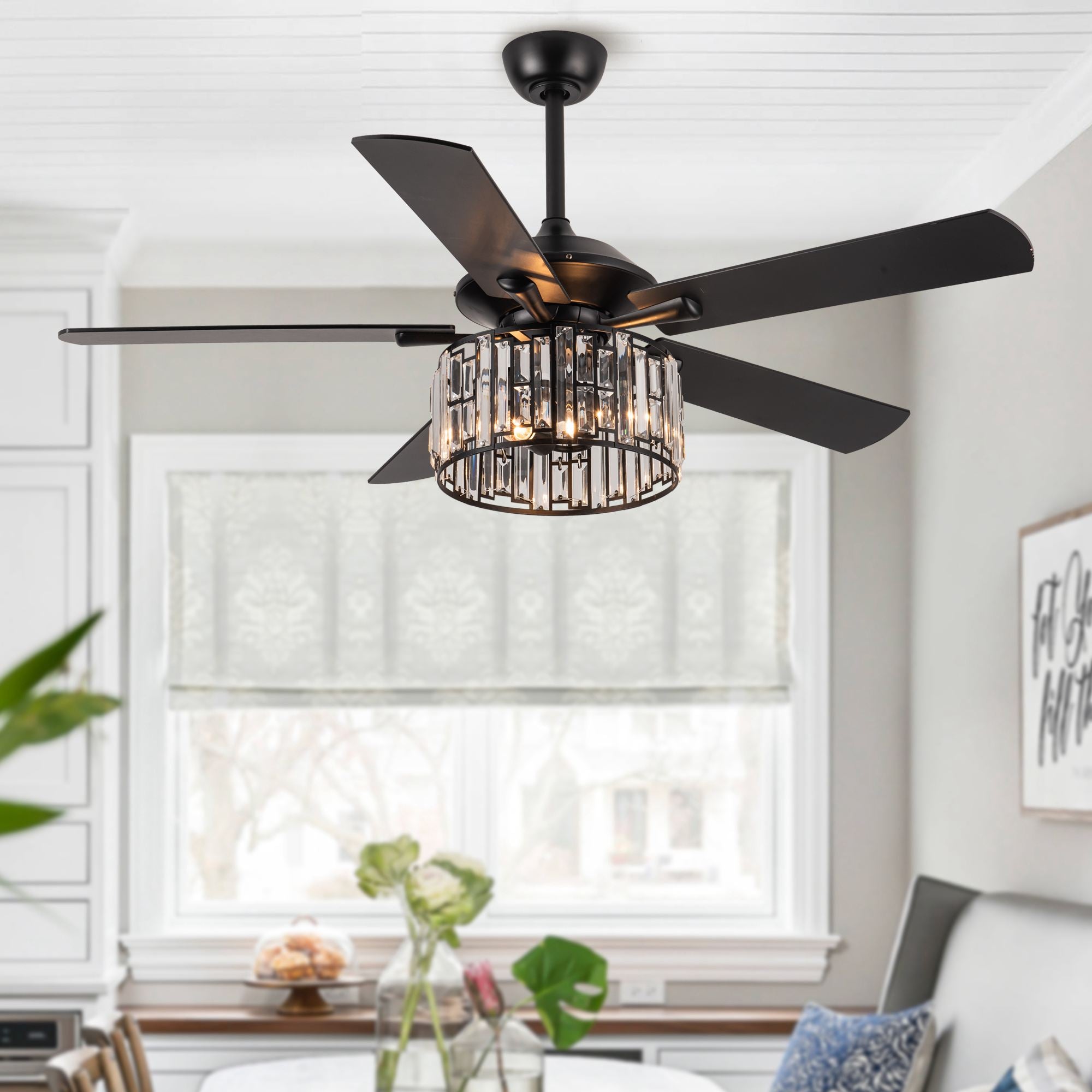 Ceiling Fan with Crystal Light Ceiling Fan with Remote Control 5 Reversible Blades 52 inch， Black