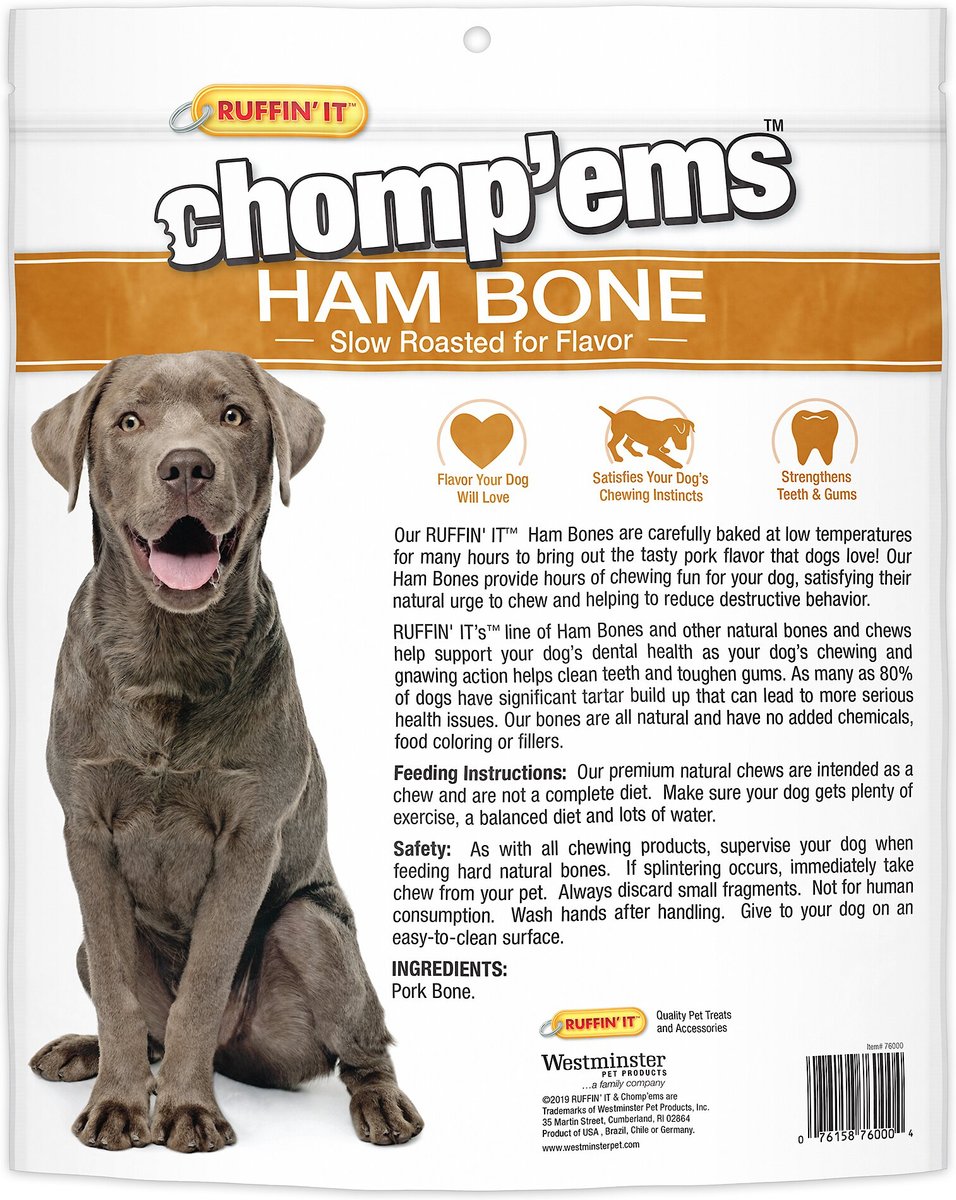 RUFFIN' IT Chomp'ems Ham Bone Dog Treats， 8-in， 4 count