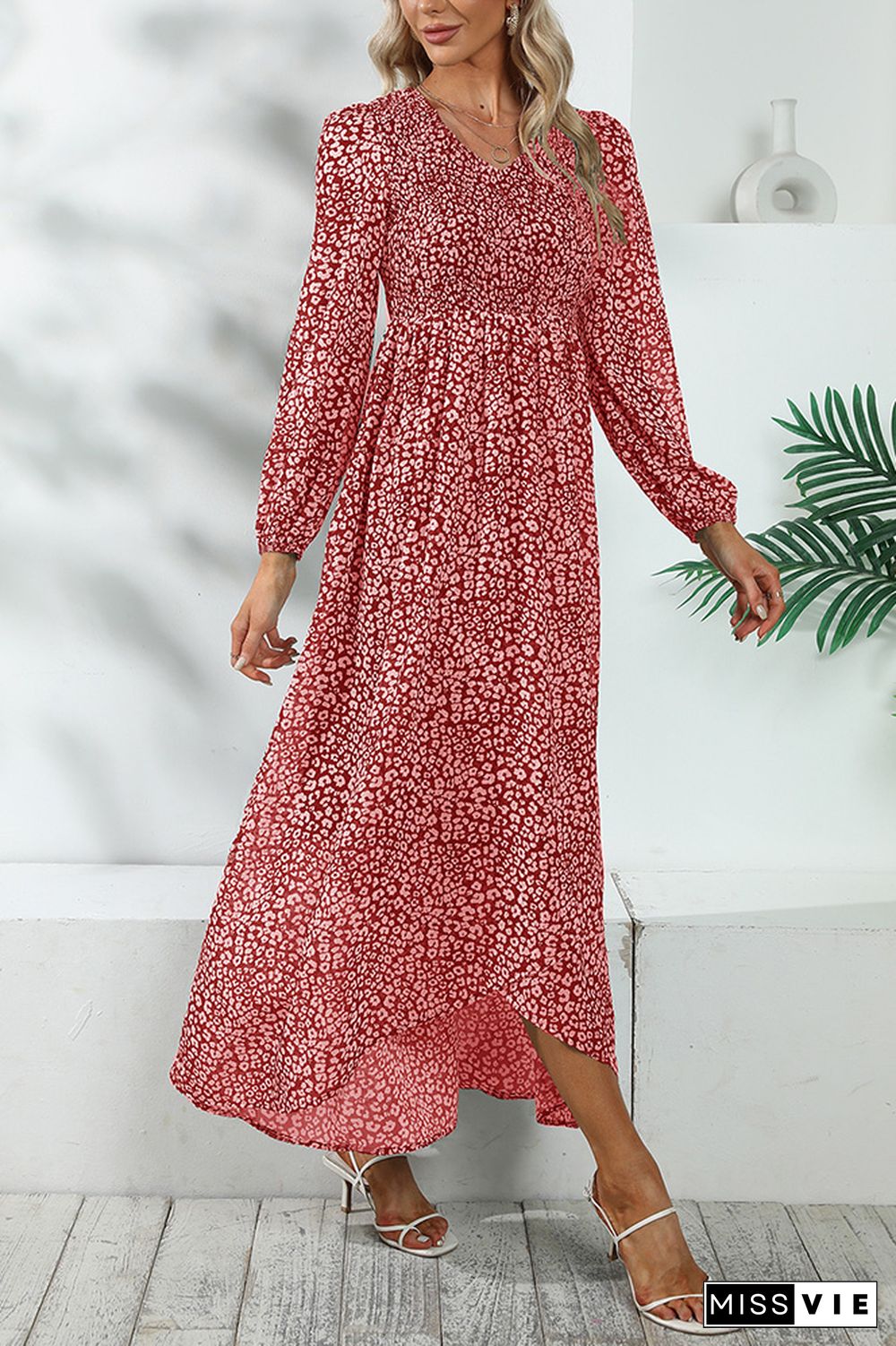 V Neck Puff Sleeves Split Printing Maxi Dress