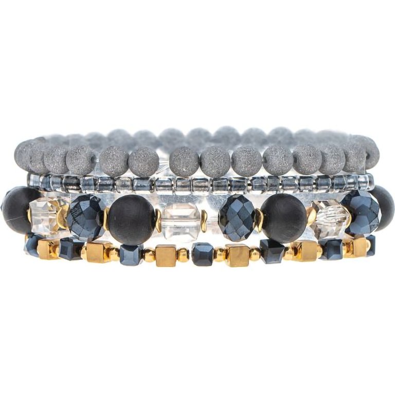 Rain  Gold Black Grey Glass Bead Four Piece Bracelet Set