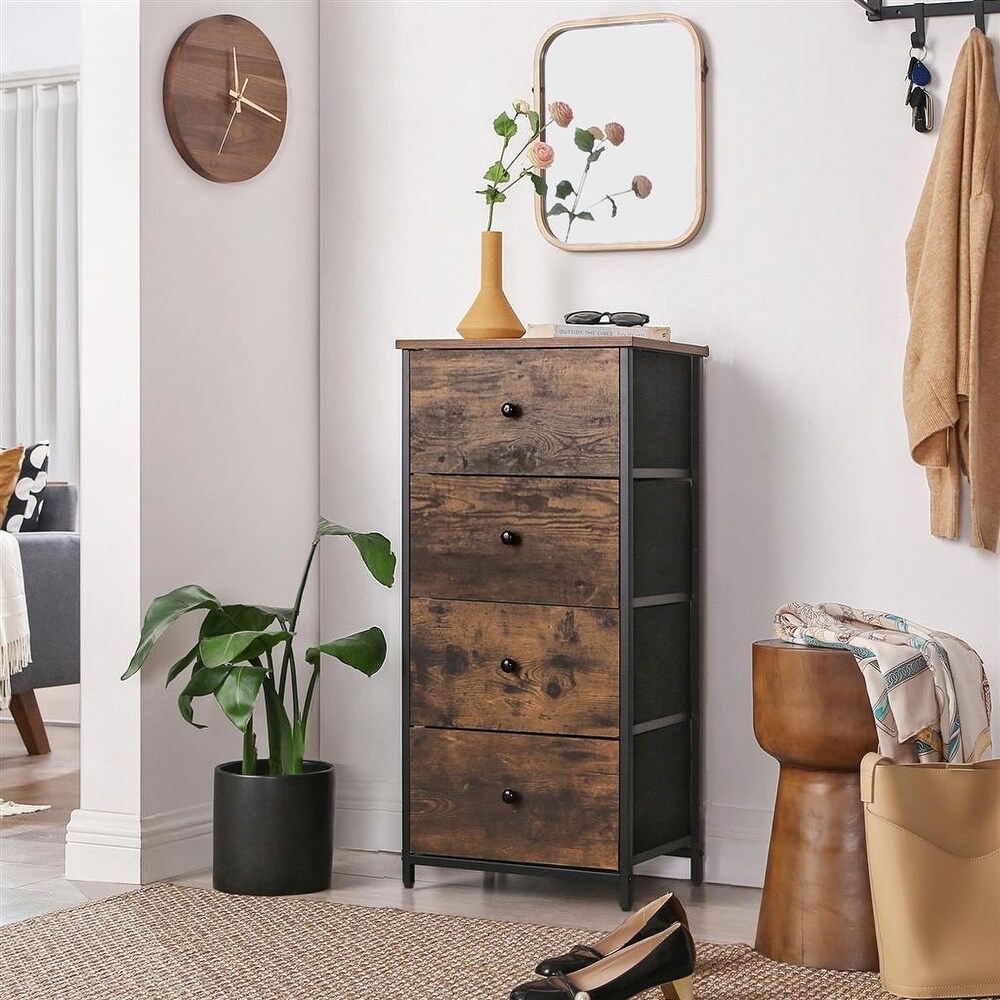 SONGMICS Rustic Vertical Dresser Tower  Industrial Drawer Dresser with 4 Drawers  Wooden Top and Front  Fabric Closet Storage