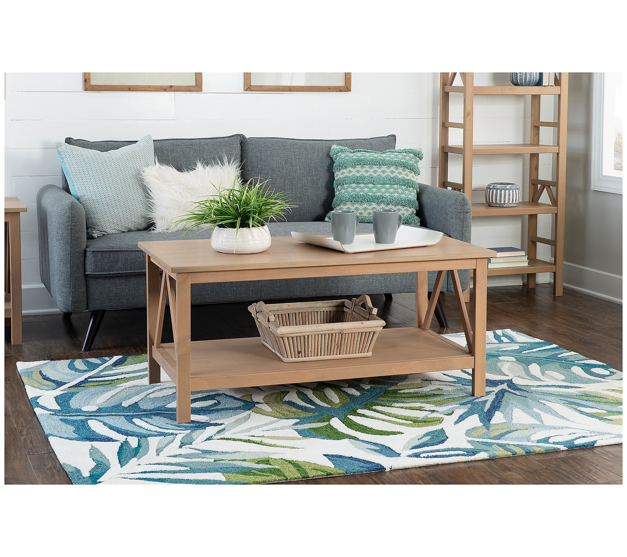 Linon Home Hollis Driftwood Coffee Table W  Bottom Shelf Space