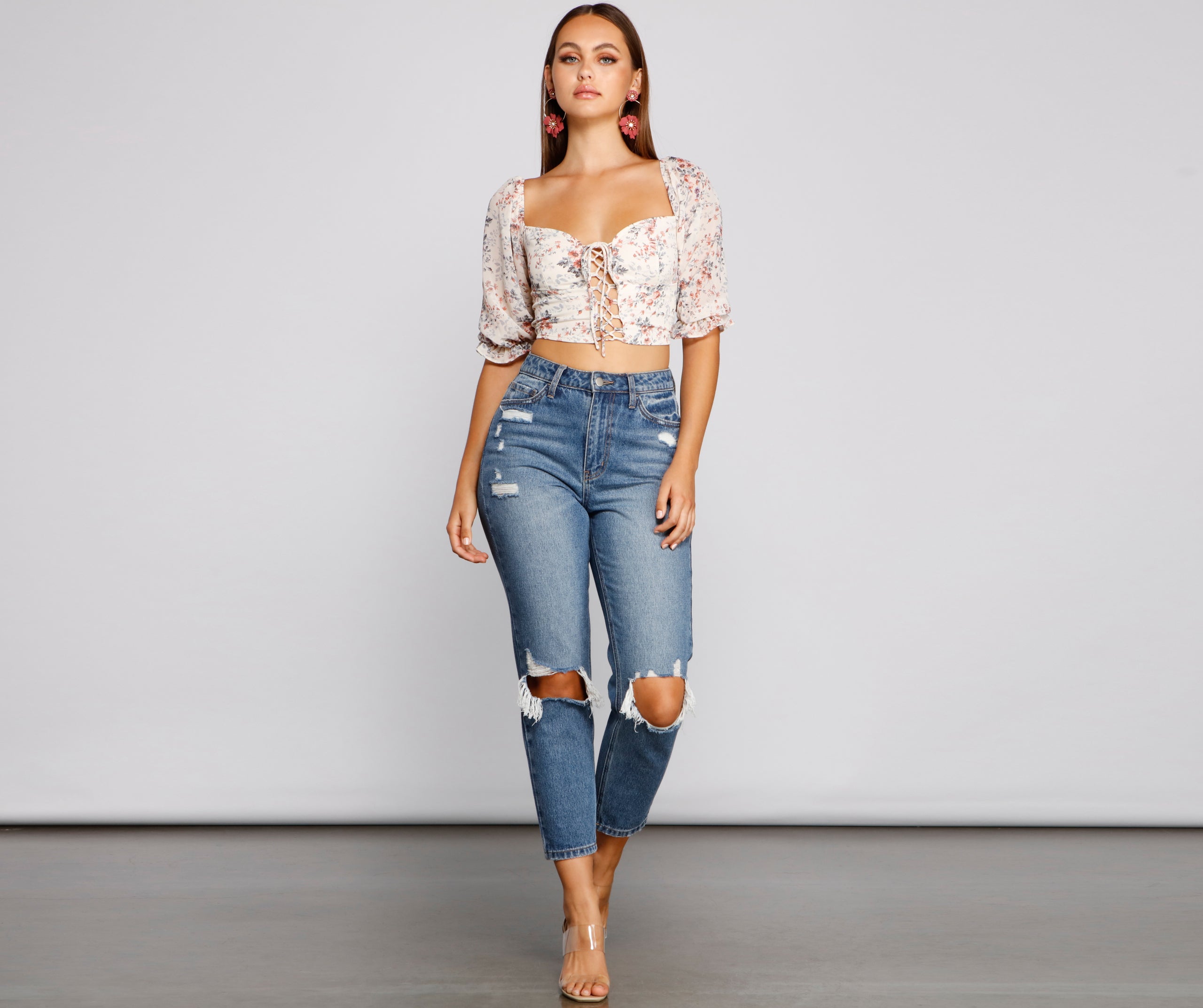 Darling Glam Floral Lace-Up Crop Top