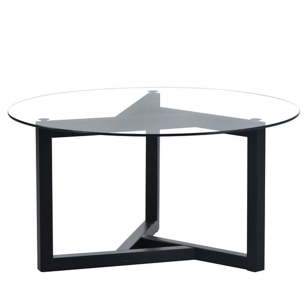 Modern Black Round Glass Coffee Table with Wood Base