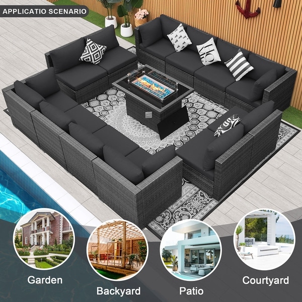 Nicesoul Outdoor Grey Wicker Sectional Furniture Patio Sofa Set with Firepit Table