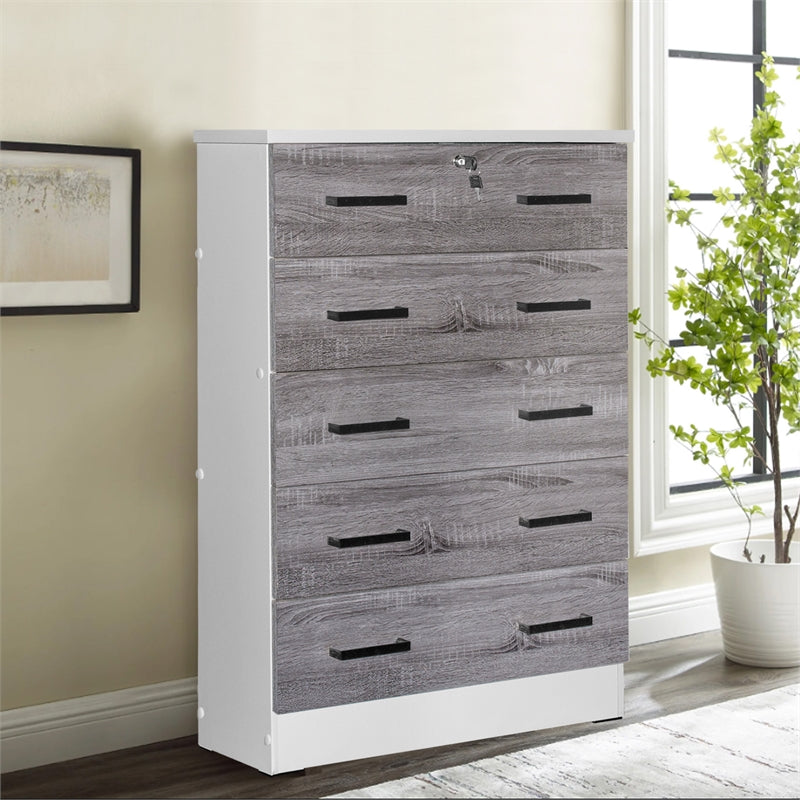 Better Home WC5-Wht-Gry Cindy 5 Drawer Chest Wooden Dresser with Lock, White & Gray