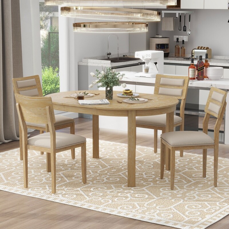 Farmhouse Style 5 Piece Multifunctional Dining Set with Extendable Round Table  Two Drawers and 4 Upholstered Dining Chairs