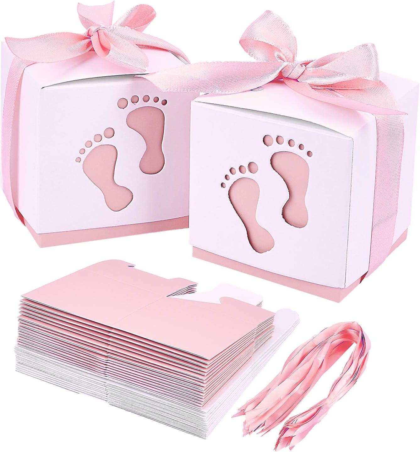 60 Sets Newborn Baby Footprints Candy Boxes， Baby Shower Candy Boxes Folding Boxes Pink Paper Gift Box With Ribbon Birthday Party Gift Favor (2.4 X 2.