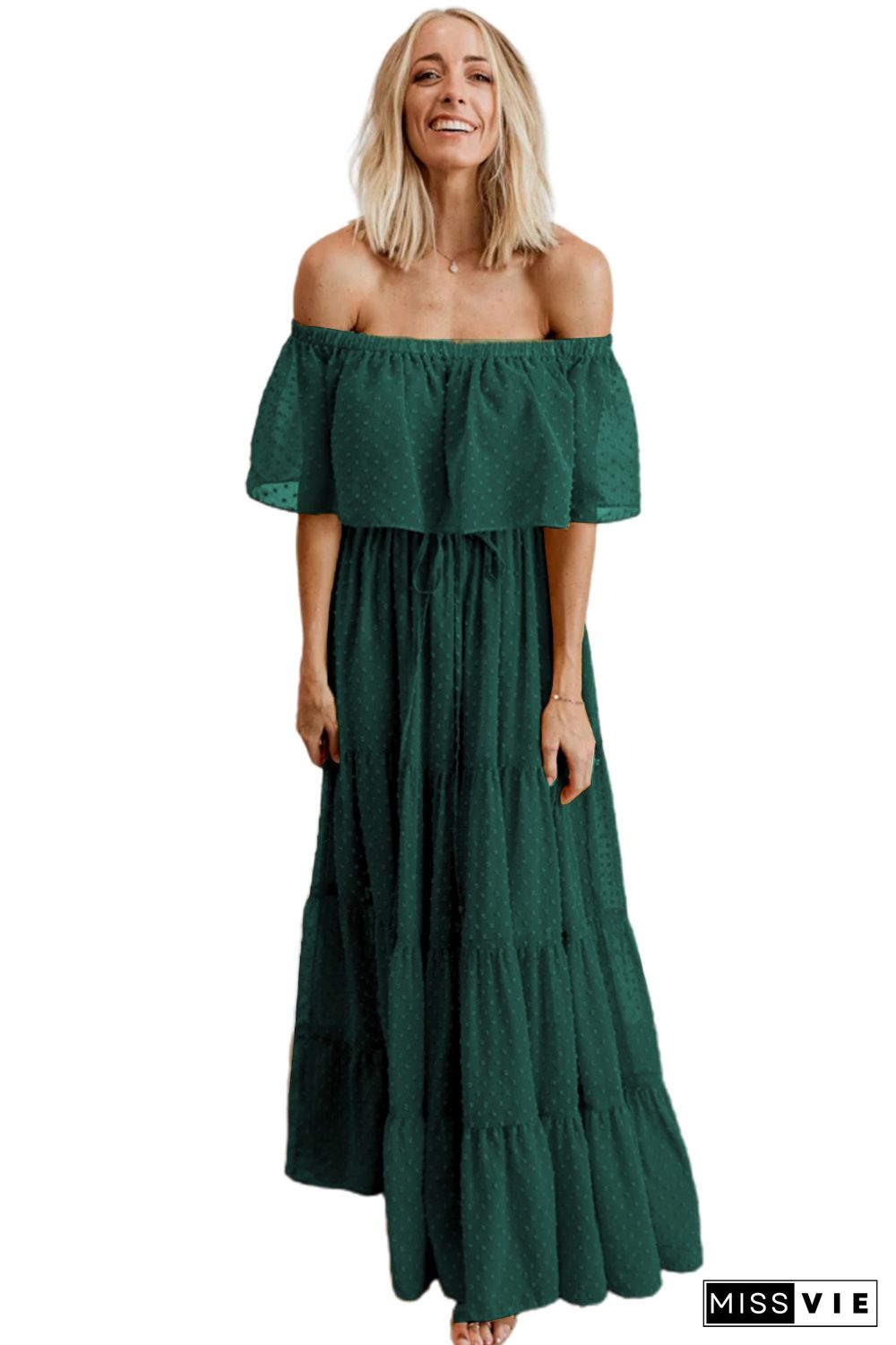 Green Off Shoulder Ruffle Swiss Dot Maxi Dress