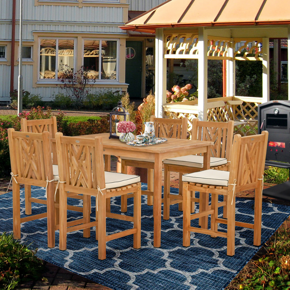 7 Piece Teak Chippendale 55 quotRect Counter Set  6 Armless Counter Stools   Transitional   Outdoor Pub And Bistro Sets   by Chic Teak  Houzz