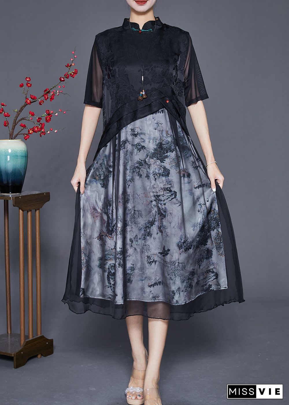 Elegant Black Mandarin Collar Patchwork Print Chiffon Dresses Summer