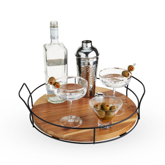 Twine Modern Manor Cocktail Tray Round Serving Platter With Handles For Drinks Appetizers Acacia Wood Metal 15 37 Diameter Set Of 1