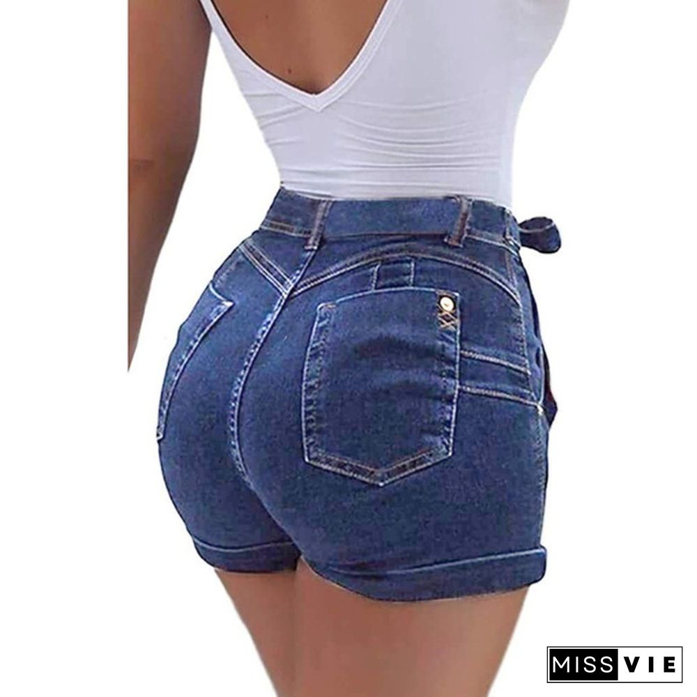 Women's mid-Waist Denim Belt Washed Denim Shorts Slim fit Casual Classic Shorts Jeans Summer Denim Shorts