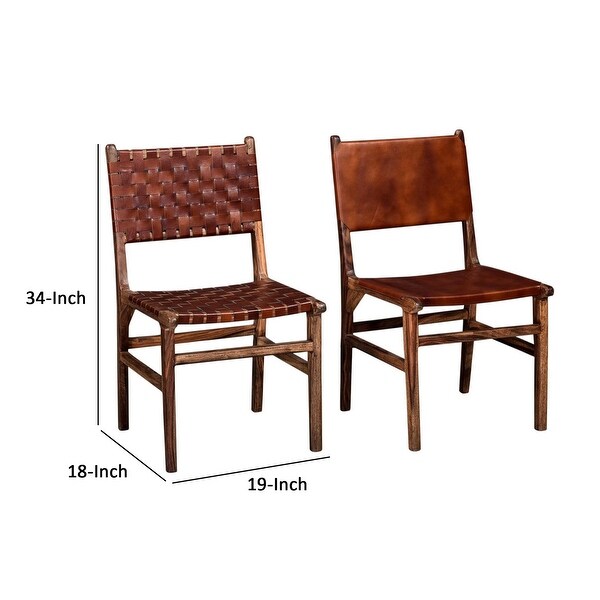 34 Inch Set of 2 Wood Dining Chairs， Leather Woven Back and Seat， Brown