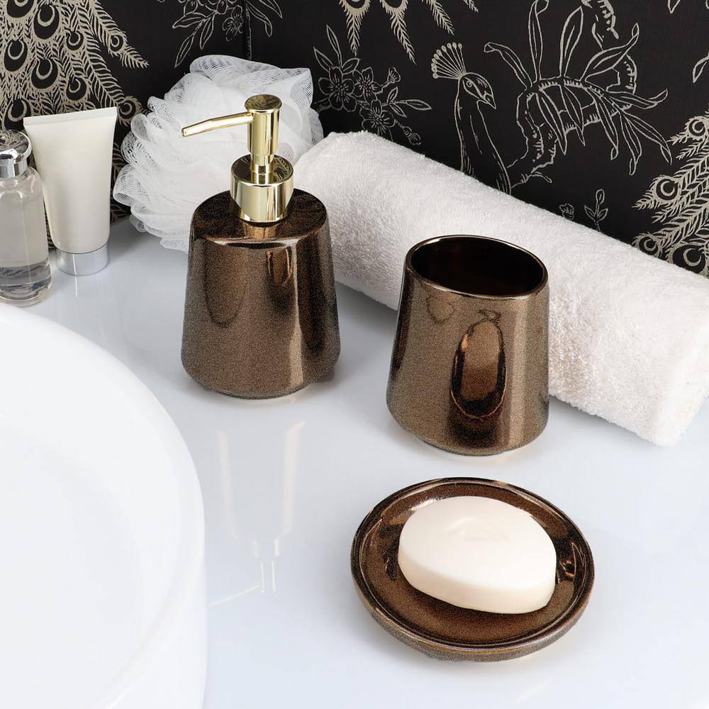 Porcelain 4-Pieces Bath Accessory Set with Toilet Bowl Brush Soap Dispenser Tumbler Soap Dish Crackled Texture Bronze SET4PORCELAIN